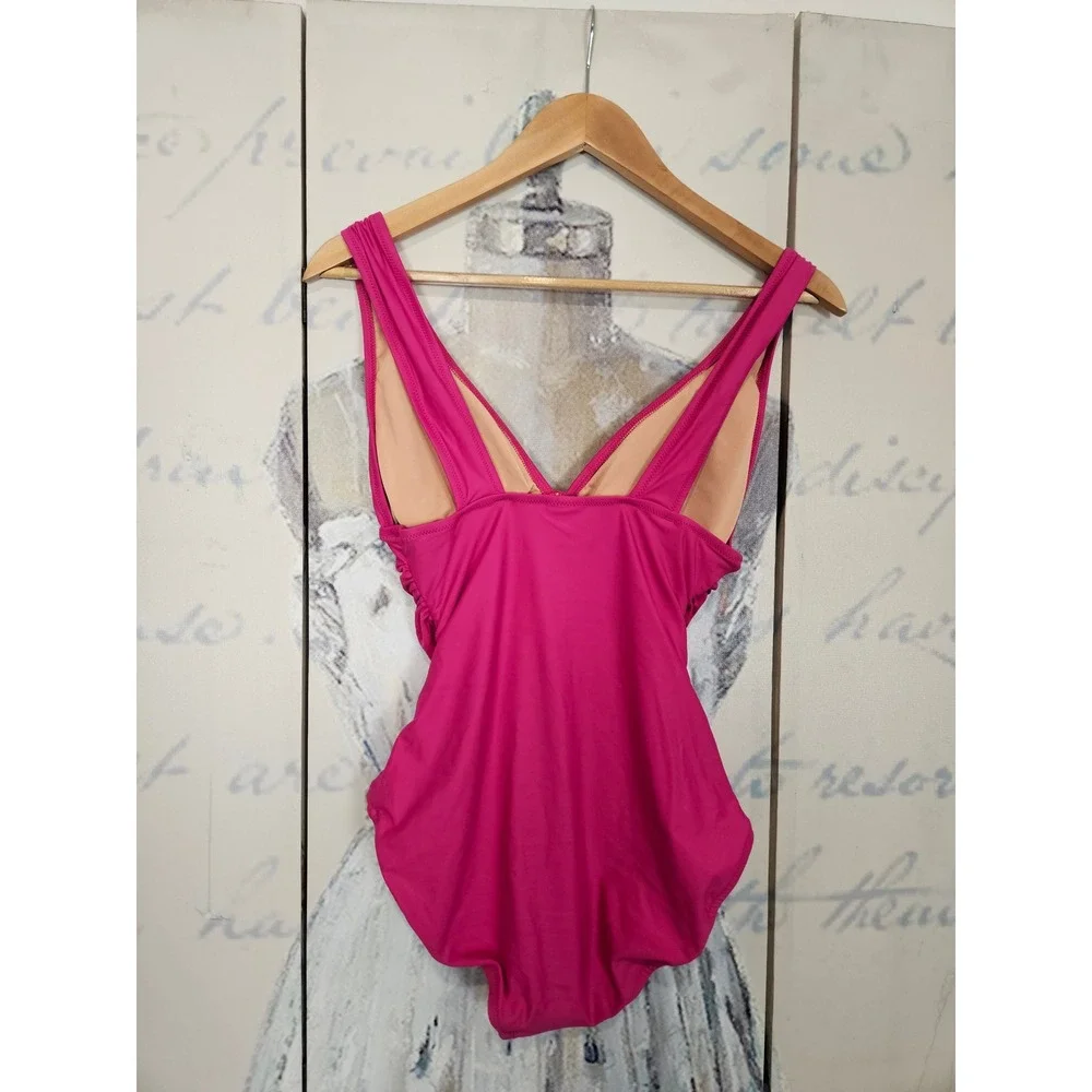 NWT J.Crew Ruched V-Neck One-Piece Swimsuit 6 Pink Razzberry BC116